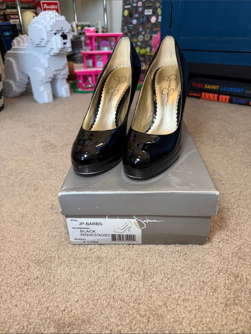 Jessica Simpson Black Patent Leather Stacked Y2K Heels
